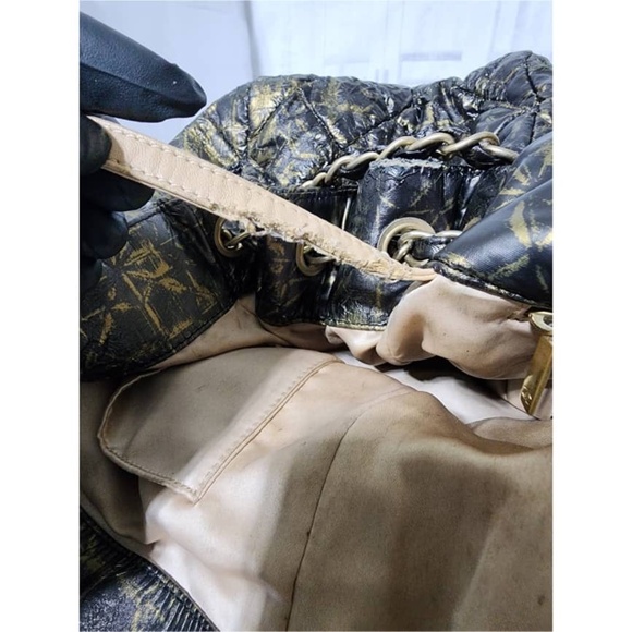 Authentic CHANEL Nylon Printed Quilted Accordion Flap Shoulder Bag Black/Gold - Picture 15 of 16